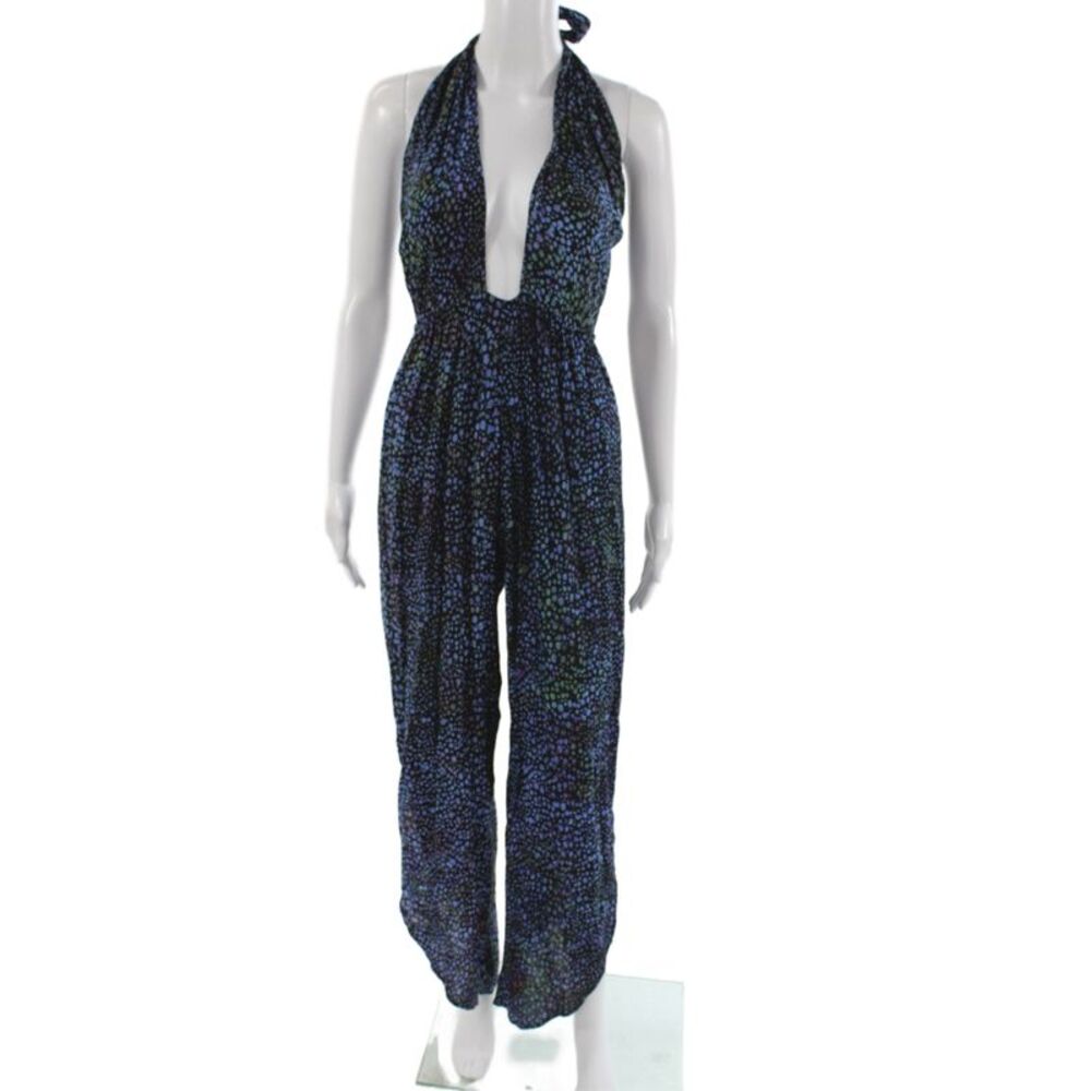 Indah Womens Bohemian Black Batik Jumpsuit Halter Sleeveless Rayon Size S